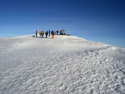 6828380 - hiking in africa.  group of people hiking to top of mt. kilimanjaro, the roof of africa, the highest mountain of africa.